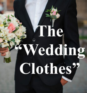 groom in a black suit and a white shirt holding a gentle wedding bouquet